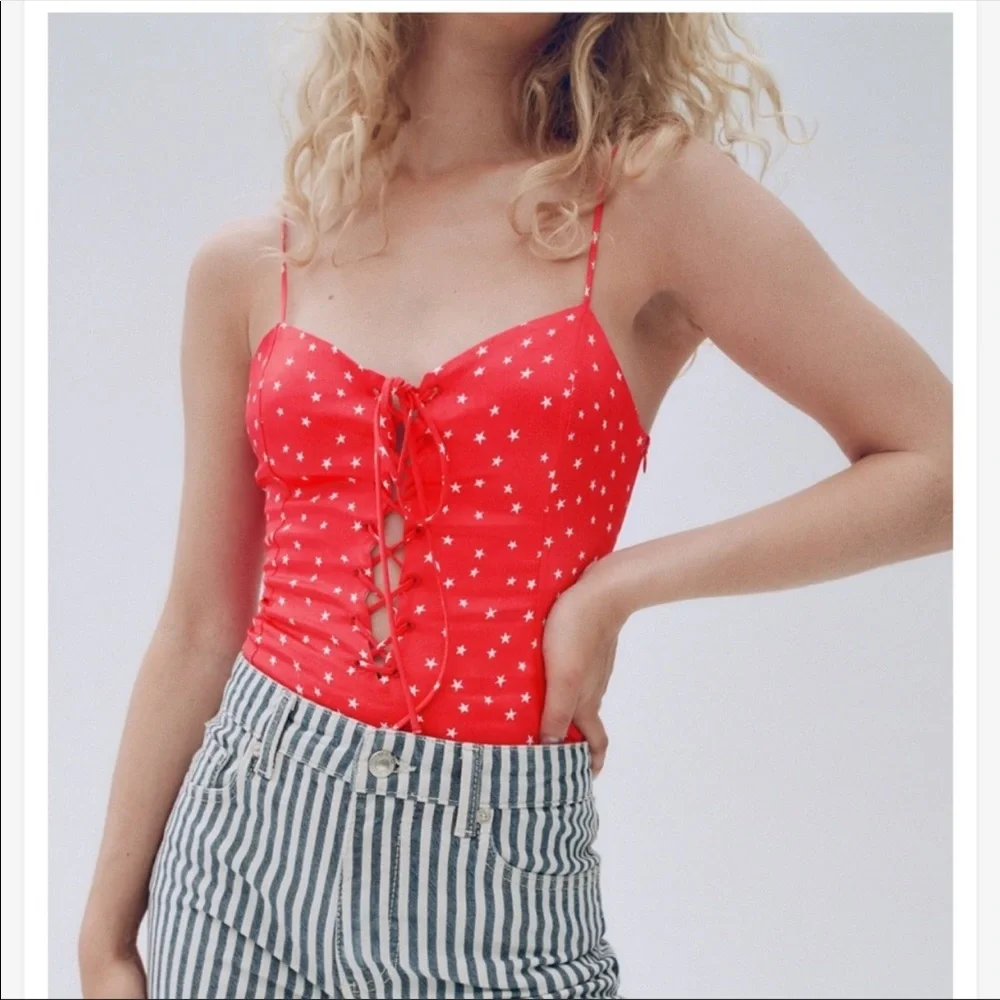 NWT ZARA | Red white stars print bodysuit top women’s Small - Picture 3 of 9